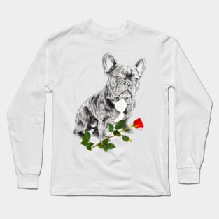 Valentines French Bulldog With Red Rose Long Sleeve T-Shirt